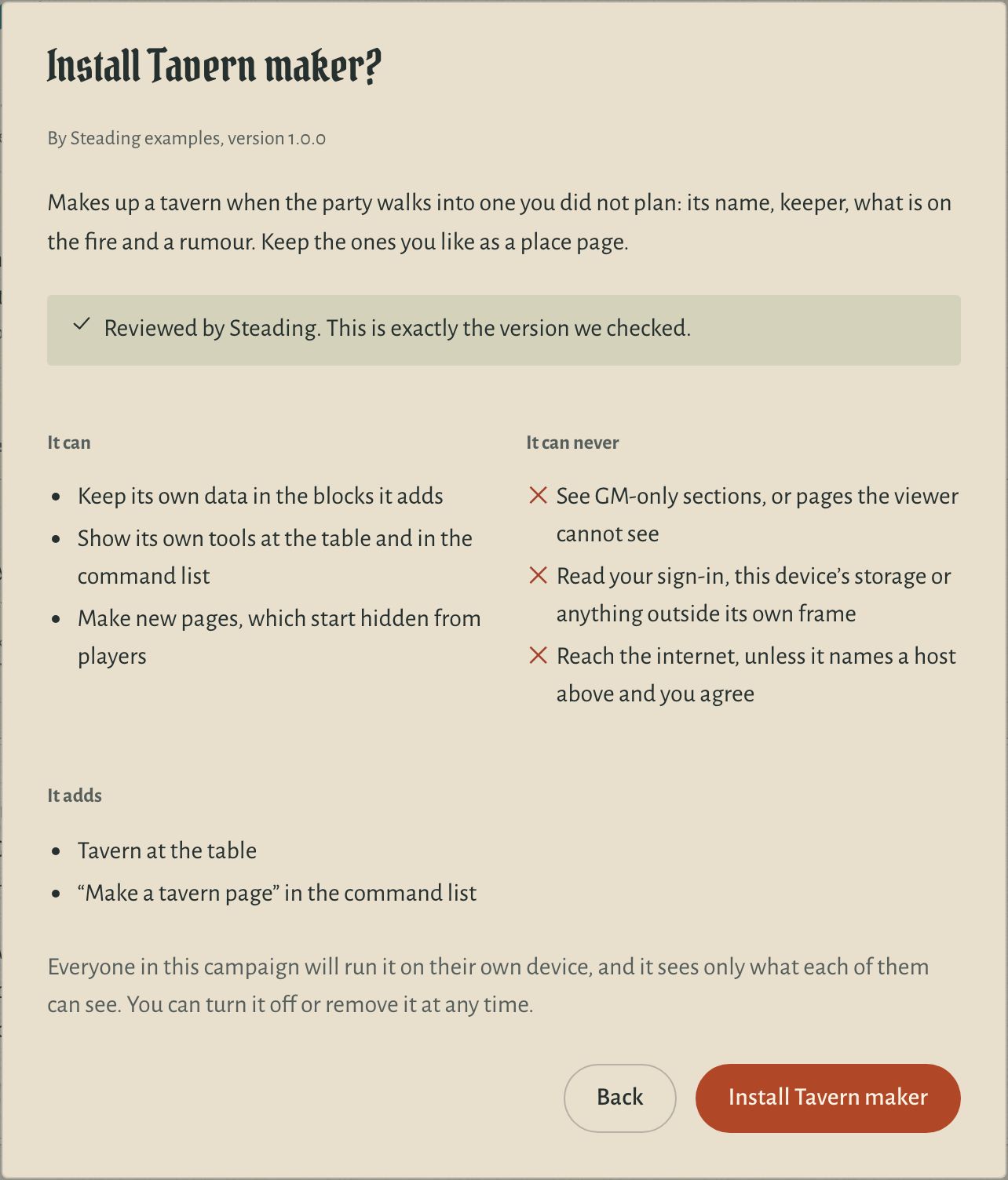 Before adding a plugin, Steading lists what it can do and what it can never do, and whether Steading has reviewed it.
