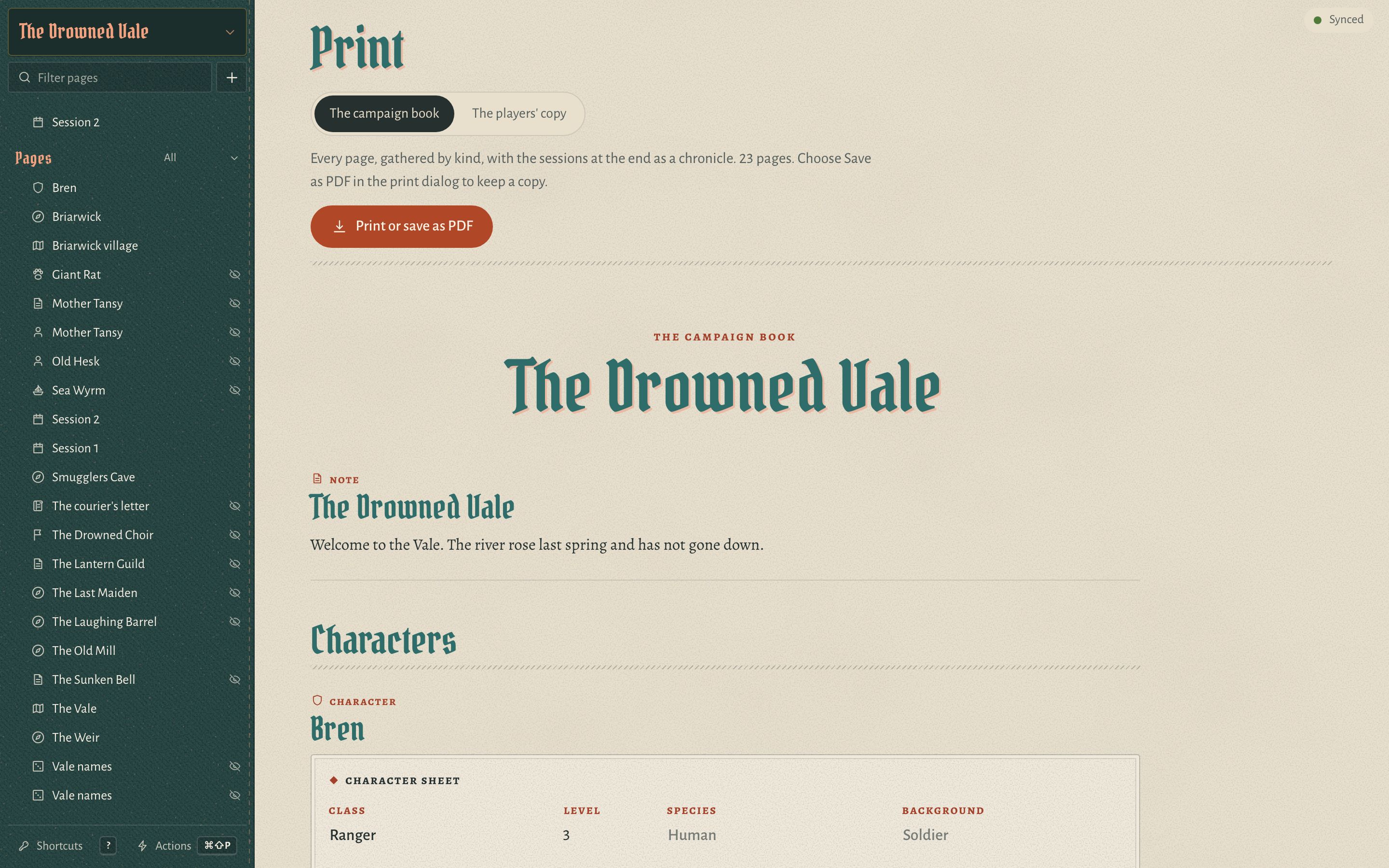 The print view: The Drowned Vale as a campaign book with a cover and chapters.